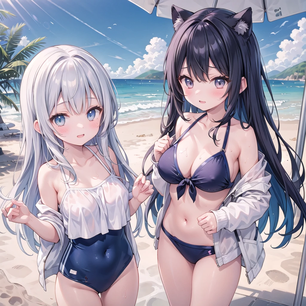 NSFW, (8K, Raw photography, top-quality, masterpiece:1.2), (realisitic, Photorealsitic:1.37), ultra-detailliert, 1 rapariga, 独奏, cute little, Beautiful detailed sea、Separate swimwear、Silver-rimmed glasses、独奏