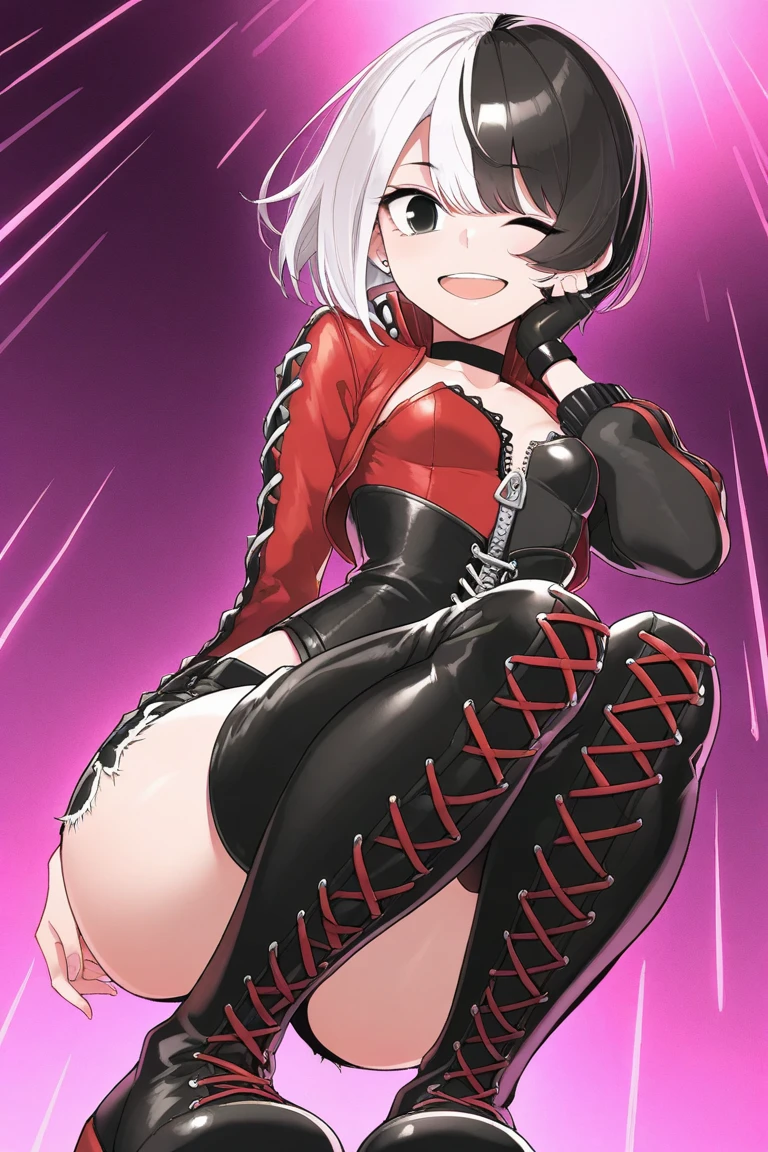 ((Highest quality)), ((masterpiece)), (detailed), prison, One girl, ((bare shoulders)), ((black bustier)), ((black stockings)), ((black g-string)), ((black high heels)), ((black garter belt)), ((black elbow gloves)), ((chair)), ((female sitting in a chair)), ((evil grin)), (((((from below:1.3))))), ((looking at viewer)), ((((looking down:1.4)))), tare at viewer with stern eyes