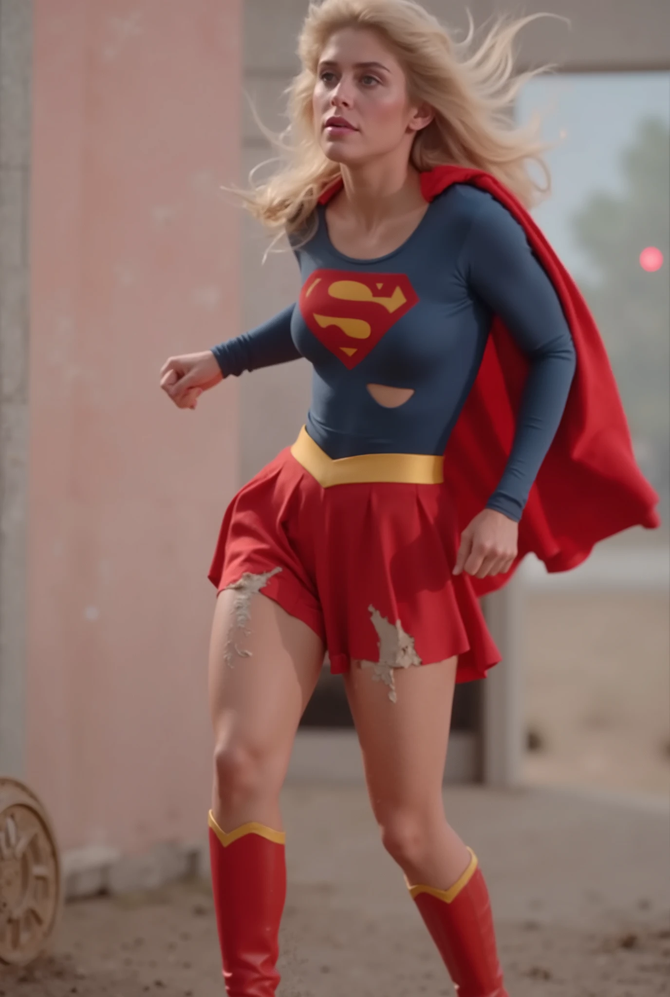 (sexy and adorable beauty with long blond hair with blue eyes Helen Slater, she is wearing a long-sleeved blue crop top, In the chest "S" emblem、Gold trim on sleeves, short pleated red skirt and gold supergirl belt, tall red boots with gold trim , and a long red cape. 
(Supergirl is standing in the wind、The costume has been torn、feeling ecstasy、blue panties are visible）、((((ripped and torn and tattered costume)))

