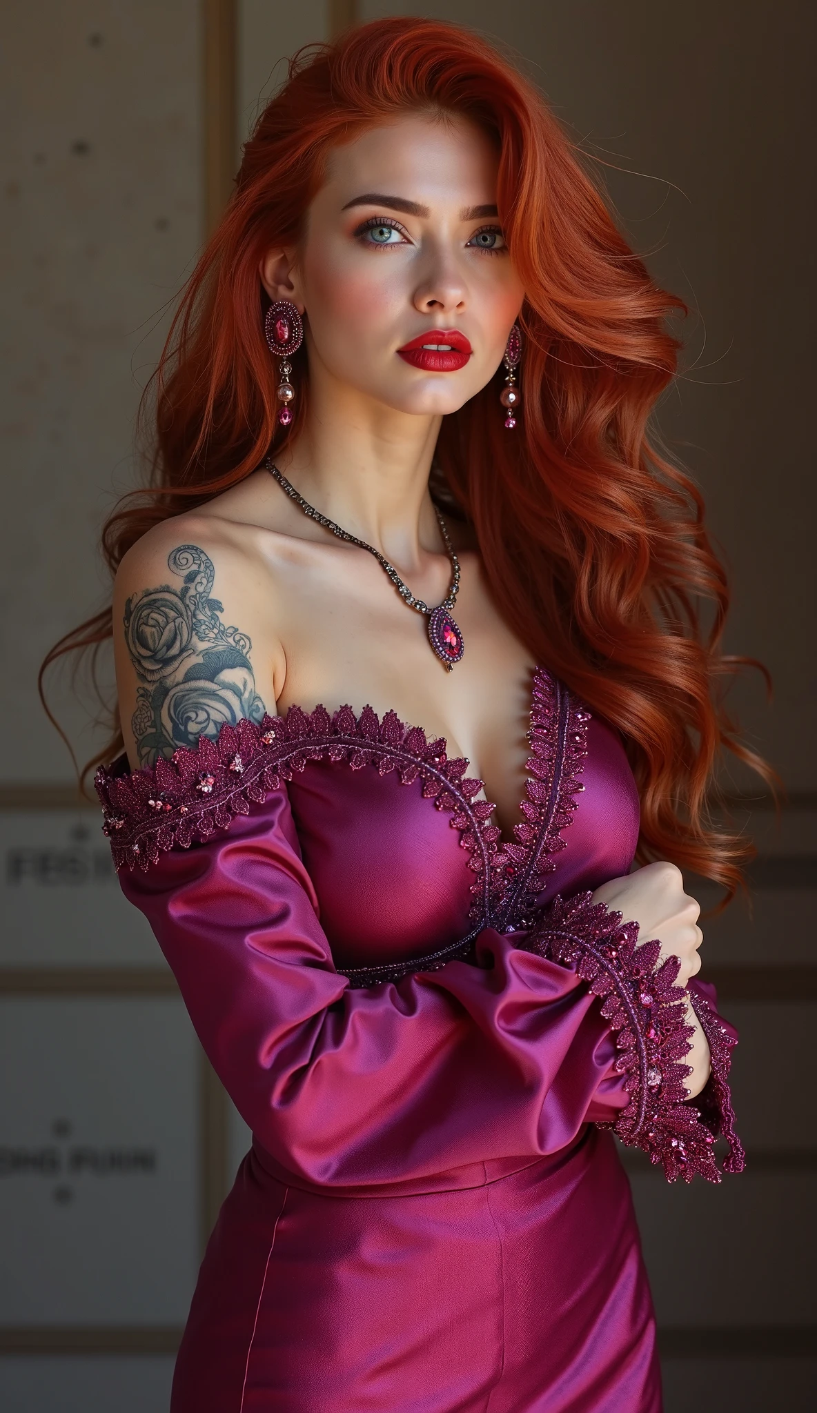 (Whole body: 1.5), (masterpiece, professional lighting, 16k, 8k wallpaper, raw photo, photorealistic: 1.8, ultra detailed, soft natural lighting, detailed skin, detailed face, detailed eyes, textured skin), (ultra realistic)) Photo, masterpiece, superior quality, (ultra-detailed face and eyes: 1.0),(large breast: 1.0), (25-year-old woman), (1beautiful girl), (((((intense eye makeup, pink mascara)), ((detailed fake lips), (with shiny lipstick and well-defined eyes), (wavy blue hair), (elegant hairstyle)), Photo, masterpiece, top quality, (ultra detailed face and eyes: 1.0), (25 year old woman), (1beautiful girl), (thick eye makeup, pink mascara),braided high heels, necklace, glamorous accessories, (a woman in a red dress standing in a room, wearing an elegant dress, wearing a red dress, wearing a cocktail dress, red short dress, elegant dress, wearing red dress, stylish dress, short dress, wearing dresses, girl wears a red dress, elegant red dress, red dress, romantic dress, soft silk dress, maroon red, wearing dress),Short cut women's evening dress. A knot to tie on the front, at the waistline. cross-over V-neck; Long-sleeved formal dress that tightens at the wrists.