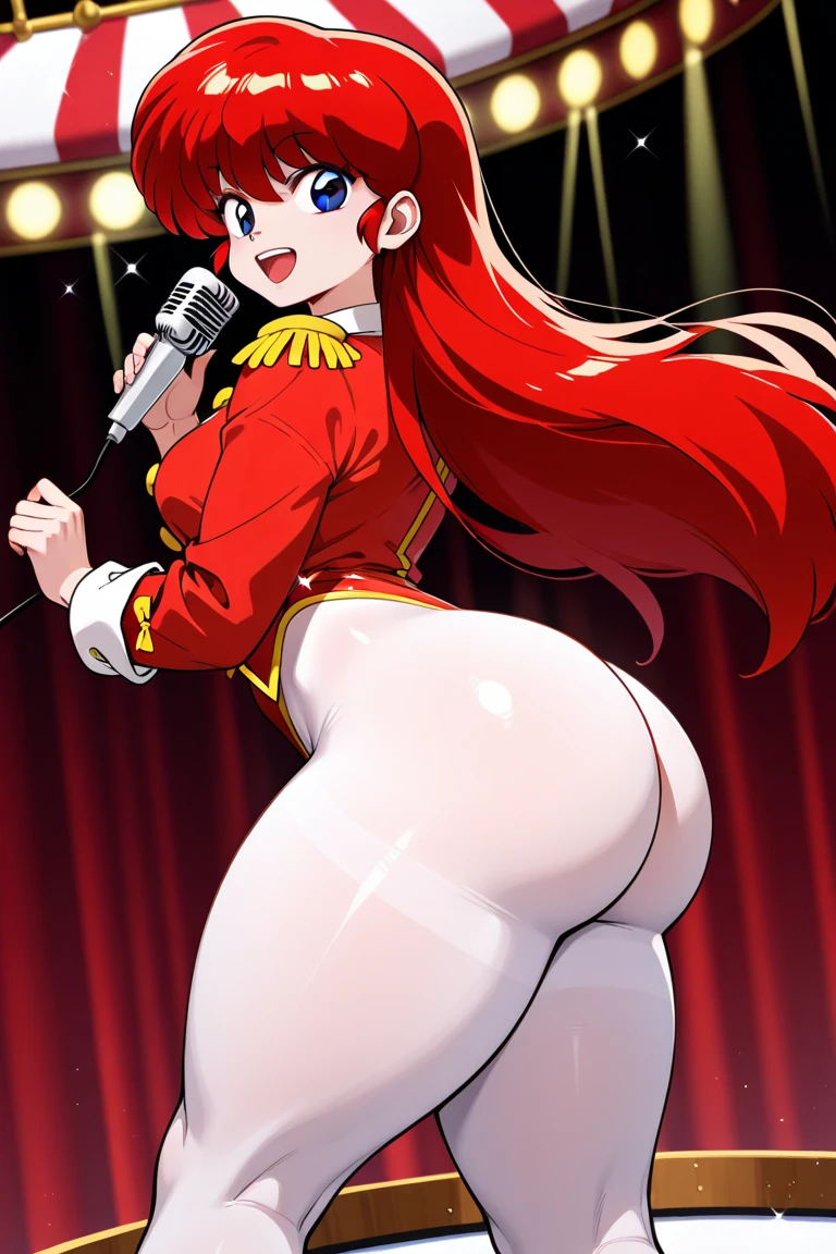 red hair, white body, red eyes, long hair, sky face, stockings, shy pose, panties, cameltoe, behind view, (my little pony), striped underwear, blush on ass, seductive pose, big ass, big breasts, thong, cum on butt, flower crown, voluptuous body, tattoo fire on the butt