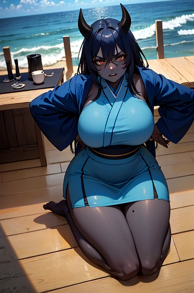 1girl,solo, saorijoumae, saori joumae, blue eyes, blue hair, halo, long hair, teenager, gigantic breasts, NSFW:1.3, gigantic:1.3, kunoichi clothing, Japanese shrine, night, ninja gear, sitting, shortstack