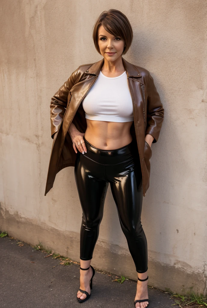 24-year-old Caucasian woman、Hair color is brunette、Hair is wavy、Eye color is blue、Longhaire、A slender、a smile、Beautiful breasts、My abs are cracked、I can see the navel、She is wearing a T-shirt that shows her underboob、I'm wearing a miniskirt、Wearing a jacket、I'm wearing pin heels、I'm in front of an old concrete wall、Wearing a scarf around your neck、a smile