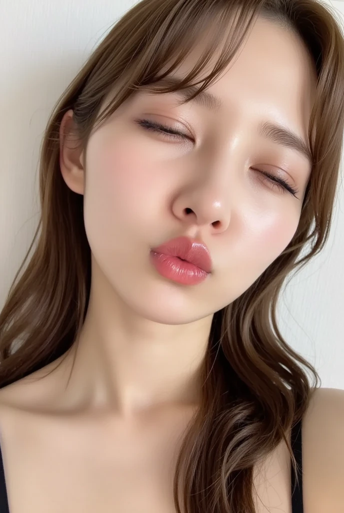 (Top Quality, 8k, Masterpiece: 1.3), ((Beautiful japanese high school student)), Female 1 Person, (Breasts, Attractive Body: 1.2), Abs: 1.1, Dark Brown Hair: 1.1, Ultra High Detail Face, Detailed Lips, (closed eyes),Raise your chin and look up,(bed room),((neked)),(Putting out the bottom through the slightly open mouth),((Stick your tongue out, imagining licking it))