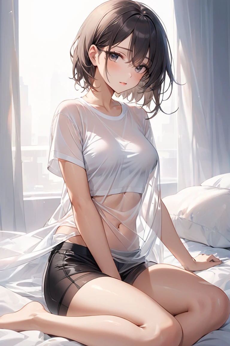1girl, short black hair, blue eyes, wearing plain white shirt, black sport shorts, bedroom, absurdres, high res, ultrasharp, 8K, masterpiece, looking at viewer