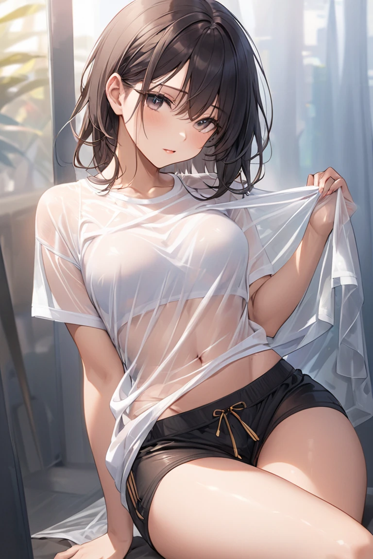 In the stillness of the evening, Bathed in the soft, natural light filtering through the leaves of the nearby trees, a solo figure of a young girl could be seen, lounging by the edge of a crystal-clear pool. Clad in a provocative outfit, she wore a crop top that just barely covered her flat chest, revealing a tantalizing peek of her midriff. The micro shorts she donned hugged her curvaceous hips and thick thighs, accentuating her sexual expression and sensual pose. Her sister, standing a few steps behind, watched with a mix of admiration and envy in her eyes.
With her hands casually placed behind her back, the girl
