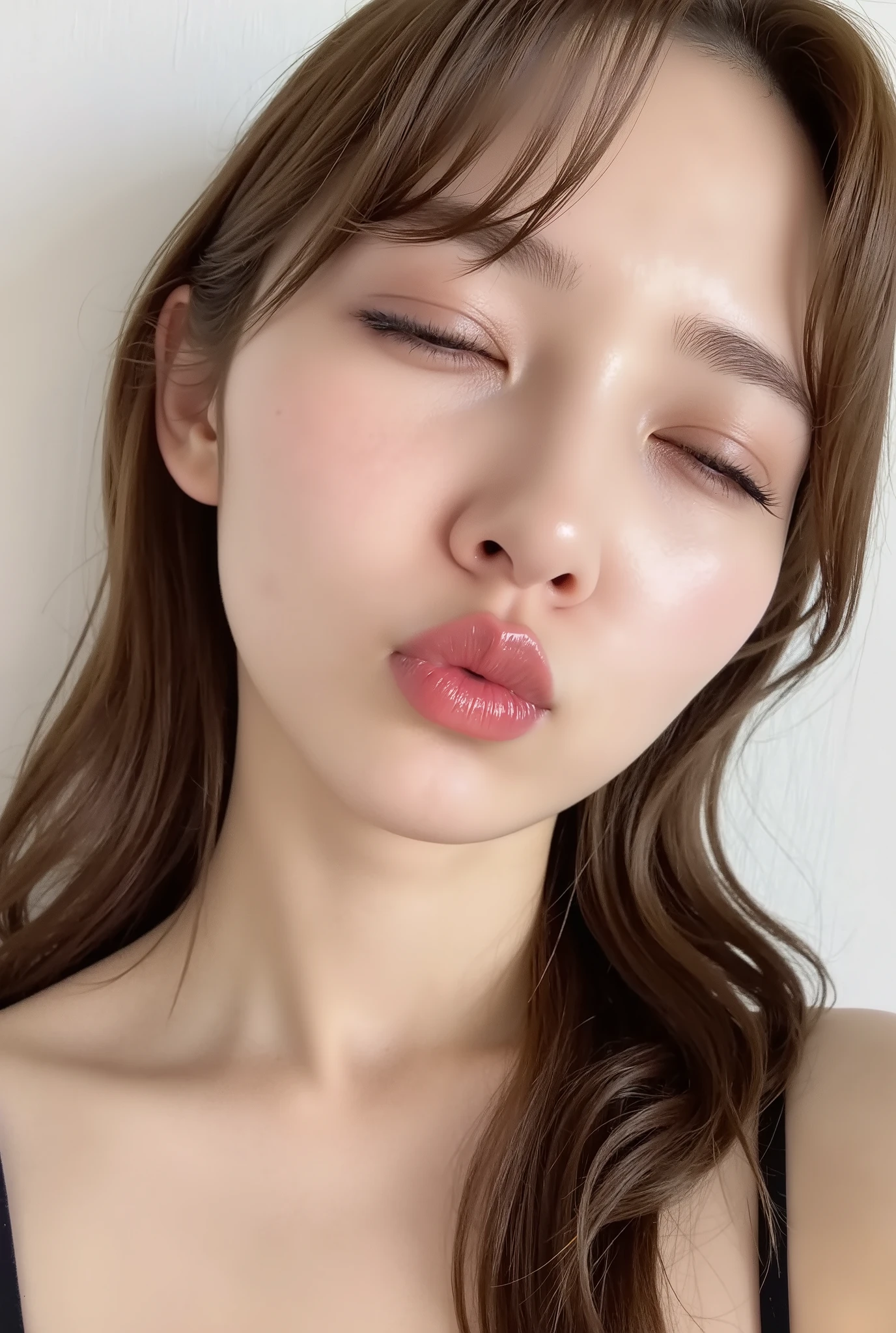 ultra-detailed close-up of a beautiful girl, collarbone-up composition, white studio background, soft natural lighting, slightly elevated camera angle (around 35 degrees), full face and head visible in frame, chin slightly raised, eyes gently closed, deeply affectionate smile, cheeks and ears flushed, dreamy, blissful, euphoric expression, mouth puckered and protruding with a rounded kiss shape, glossy moist lips with shimmering highlights, soft lips reflecting light, extreme focus on lips, inviting kiss pose, longing expression, desperate affection, dere-dere mood, hands behind her back and not visible, natural skin texture with visible peach fuzz, matte facial skin, black camisole strap visible, soft head tilt, bokeh background and soft facial contour blur to emphasize lips, overflowing with affection and dazed joy