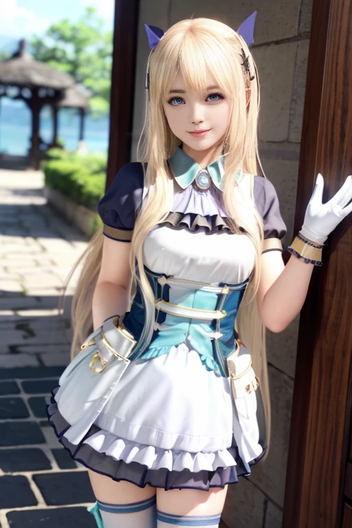 ((masterpiece)), ((best quality)), ((ultra-detailed)), 1girl, armor dress, blue armor, princess, blonde hair, tiara, medium breasts, twintails, long hair, long skirt, knee socks, armor boots, happy smile, open mouth, dynamic angle, zettai ryouiki, sitting, looking up at viewer, holding sword, flower garden, falling petals, wariza, 