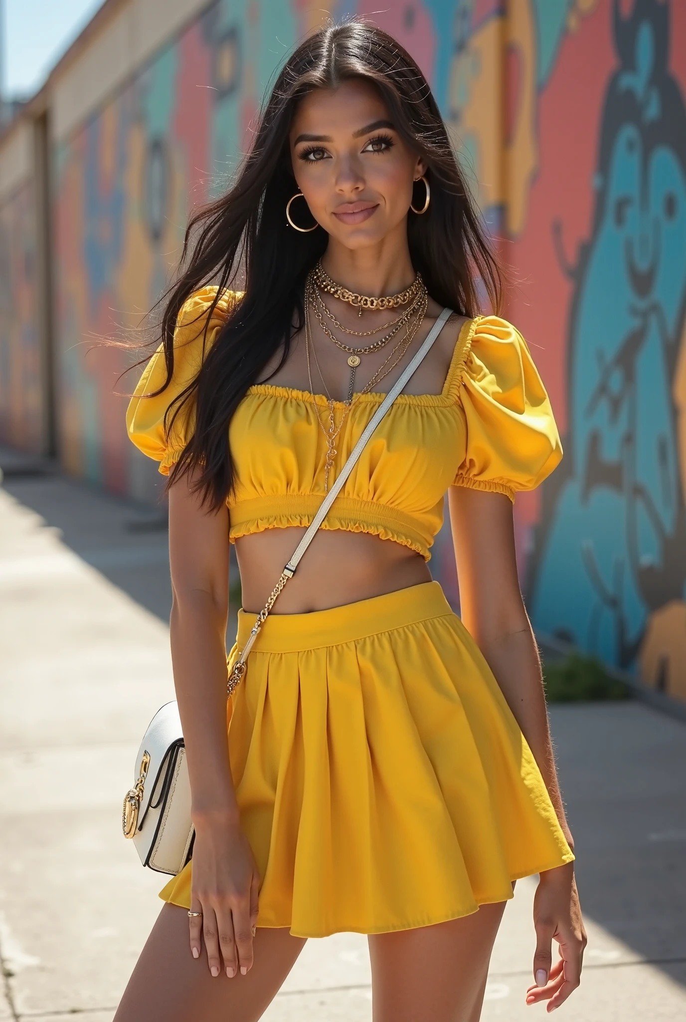 Cigana sorrindo, (Pomba Gira sexy) dancing in the wind, vestido longo rodado amarelo, 7 anaguas com detalhes dourados, fitted bodice with brocade embroidery and lens on hands , ao fundo fogueira