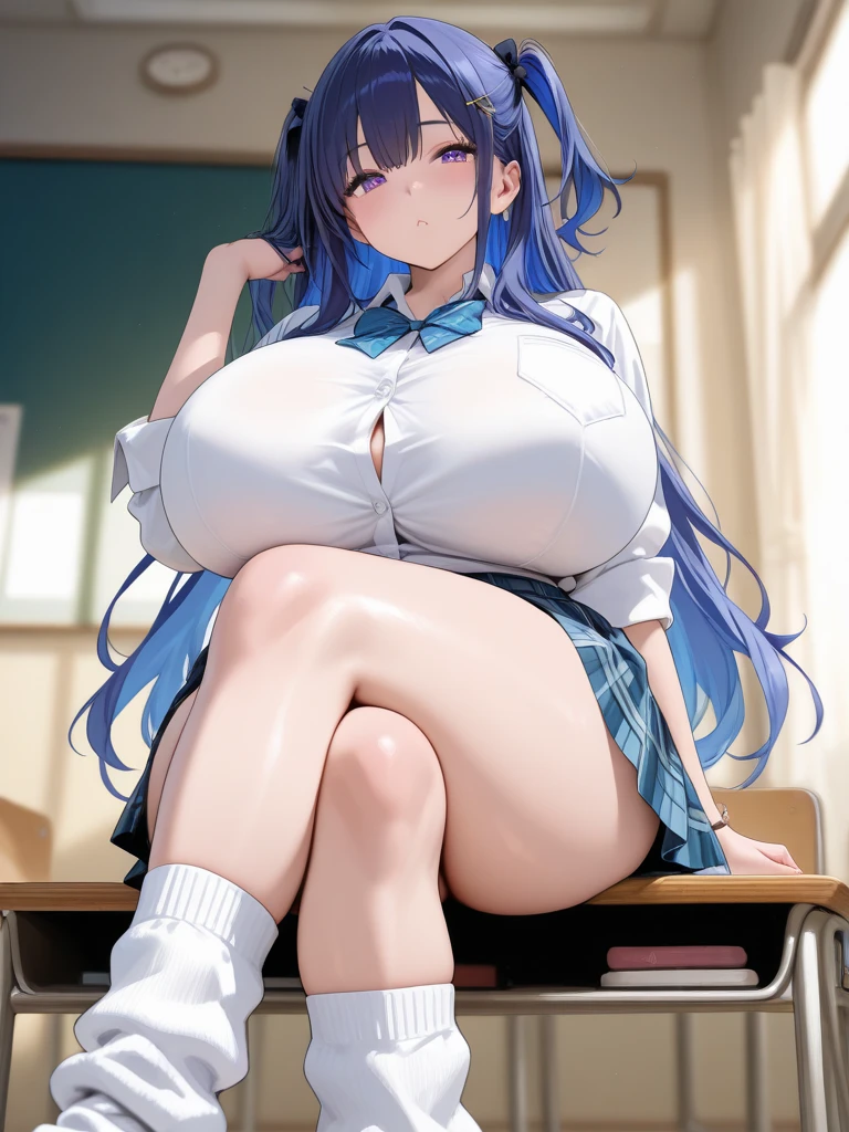 1girl,solo, saorijoumae, saori joumae, blue eyes, blue hair, halo, long hair, tall, teenager, snowy plains, snow, wooden house, window, naked, NSFW:1.3, breasts on table, gigantic:1.3, sitting, WeightObese
