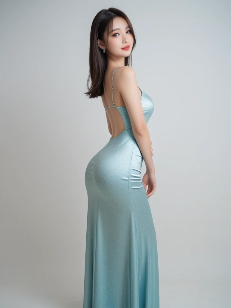 A slim Japanese woman with long wavy hair and amazingly white skin.、Two girls with white skin, big round eyes, and a cute smile with white teeth.0A beautiful woman aged 20 years old with large breasts and a very slim waist.、Smiling with his face tilted to one side、A woman in a shiny, sheer, satin mermaid design, mini-length, colorful party dress is walking down the runway at a fashion show.、Full-body photo quality