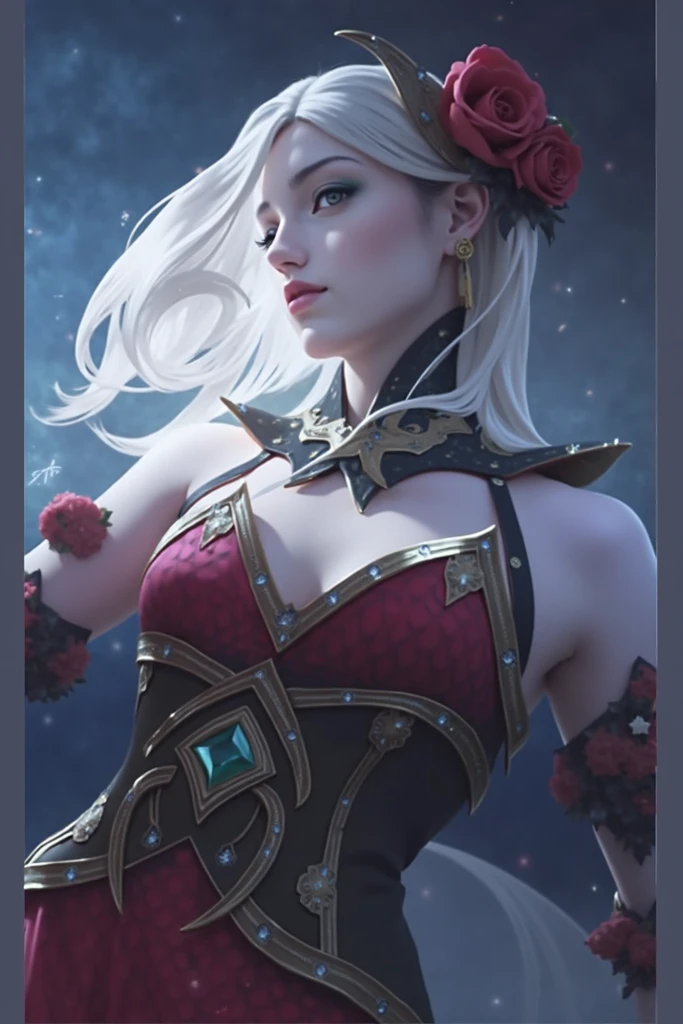 female with white hair, pale skin, red and gold dress, rose on her head