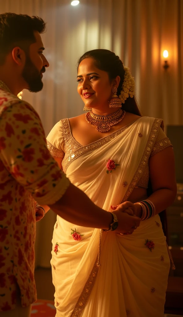 A 50-year-old man affectionately hugging and kissing on lips of a radiant, full-figured South Indian 45 year old very beautiful bride wearing a cream silky saree and blue blouse in office, other people cheering next to them, captured in a full-body image with vibrant hues and meticulous details. Full body image