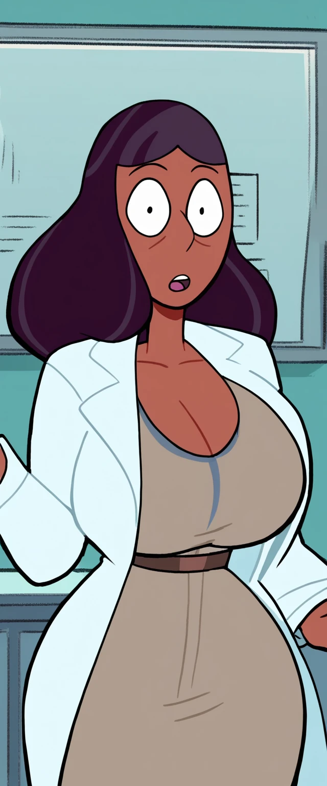 priyanka, brown hair, grey streaked hair, black eyes, long hair, half-open eyes,
labcoat,, khakis, big breasts. nsfw, open shirt, slutty, dark skin, smile, lusty
standing, upper body,
hospital, indoors,
(insanely detailed, beautiful detailed face, masterpiece, best quality), solo,