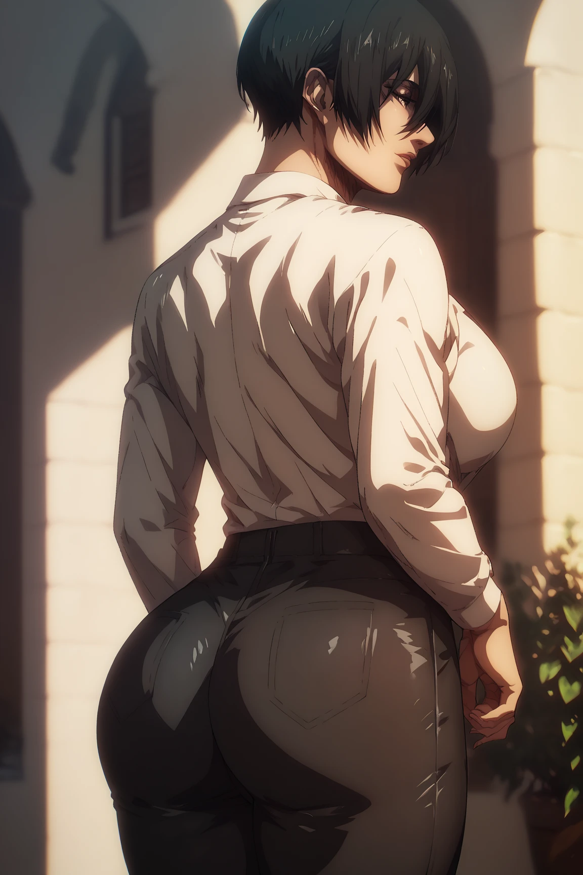 Female character based on the anime attack on titan, sexy, very beautiful, ultra detailed,8k,naked, each character has a different look, silver hair, red eyes, any skin tone, set in a city from the anime itself,(sex:1.5),flirtatious laugh, touching oneself on the body, view from behind