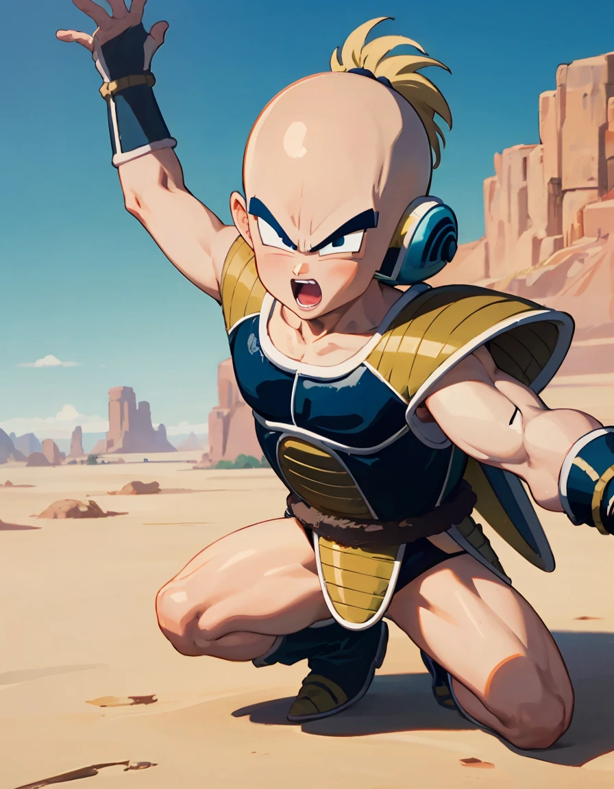 8k, masterpiece, best quality, kuririn, 1boy, black hair, male focus, solo, smile, dark blue saiyan armor, red rocks,canyon, white gloves, black eyes, fighting stance, grin, no nose, looking at viewer, straight-on, biker shorts, no sclera, white boots,bald, forehead mark,black bodysuit,(bald:1.2),pauldrons, (faulds) <lora:kuririn_v0_4_dadap:1> krillin