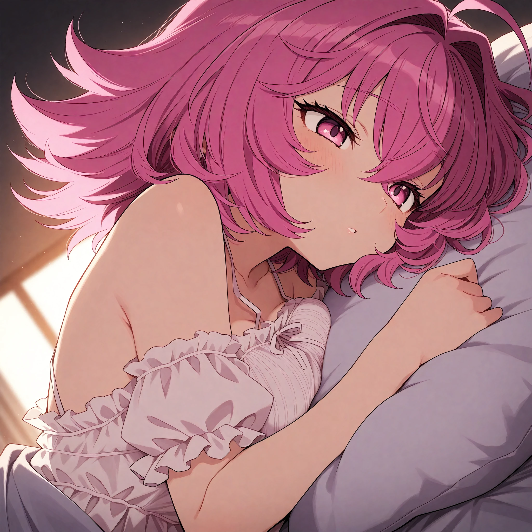 (best quality),(ultra-detailed), (disheveled hair:1.0), solo, 12 years old, large breasts, beautiful pale pink hair, medium hair, spiked hair, asymmetrical bangs, (good sleep:1.5), (slovenly:1.5), face-to-face, on bed, indoors,cute bra, simple panties, sleeping, breasts apart, shiny skin, (sweaty:1.3),(nsfw:0.5), line, (fog:1.3), (spread legs:0.8), (spread arms:0.8),