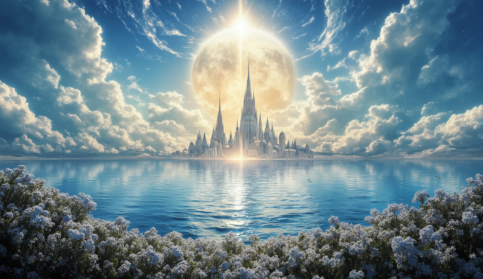 There is an image of a beautiful landscape with a giant moon, impressive fantasy 3D rendering, a heavenly city in the heavens, a large ocean, a large forest of white flowers, a large number of clouds everywhere, a planet in the sky and stars, a very detailed magical city, beautiful forest of white flowers impressive color, clouds all over the landscape, a beautiful planet , wallpaper, 4k, HD, detailed, 8K, Background, arte digital 4k altamente detailed, renderizado octane de 8K estilo fantasía,