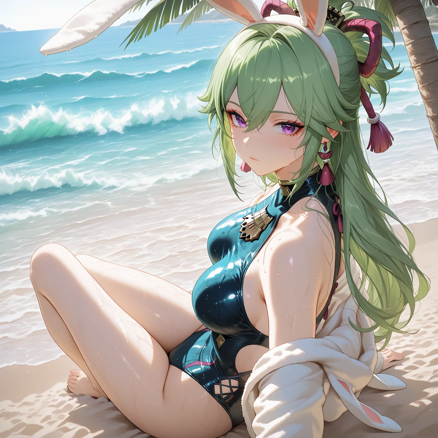 absurdity, a high resolution, ultra detailed, rebecca, Green hair, in a green bra, in a green bikini, sexuality, лежит на sun loungerе, sun lounger, bare legs, Sun, wound,  red sclera, Pink Tattoo, purple lips, headdress, black T-shirt, :3, grin, hand support, I look at the viewer, hand on cheek, closed eyes, table, Restaurant, 