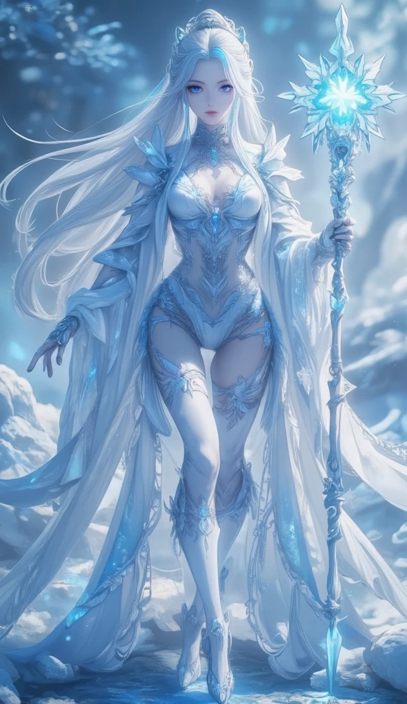 Best quality, cinematic image, detailed image, fantasy, detailed face, detailed beautiful blue eyes, ice goddess, Queen of Winter, horns, Throne room, everything is in ice, Very long white hair, bodycon white dress, Beautiful woman, high, cold look 