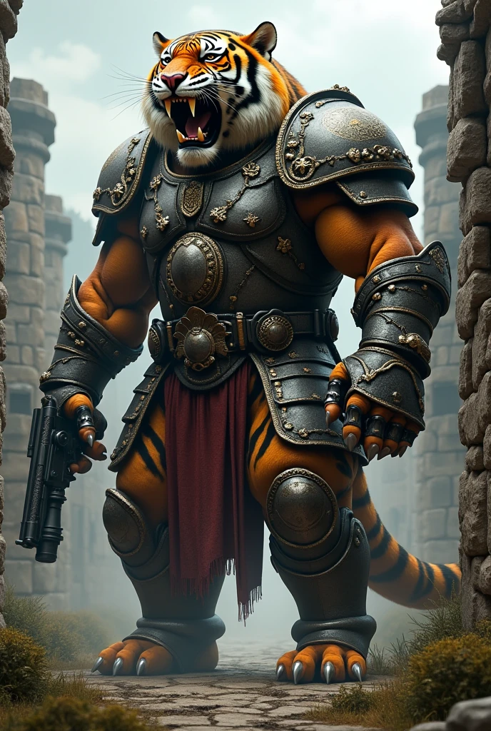 a muscular, shirtless mercenary warrior with bulging muscles and a stern, mature expression, standing in the middle of a city street, with blood covering his body, detailed blue eyes muscular tiger