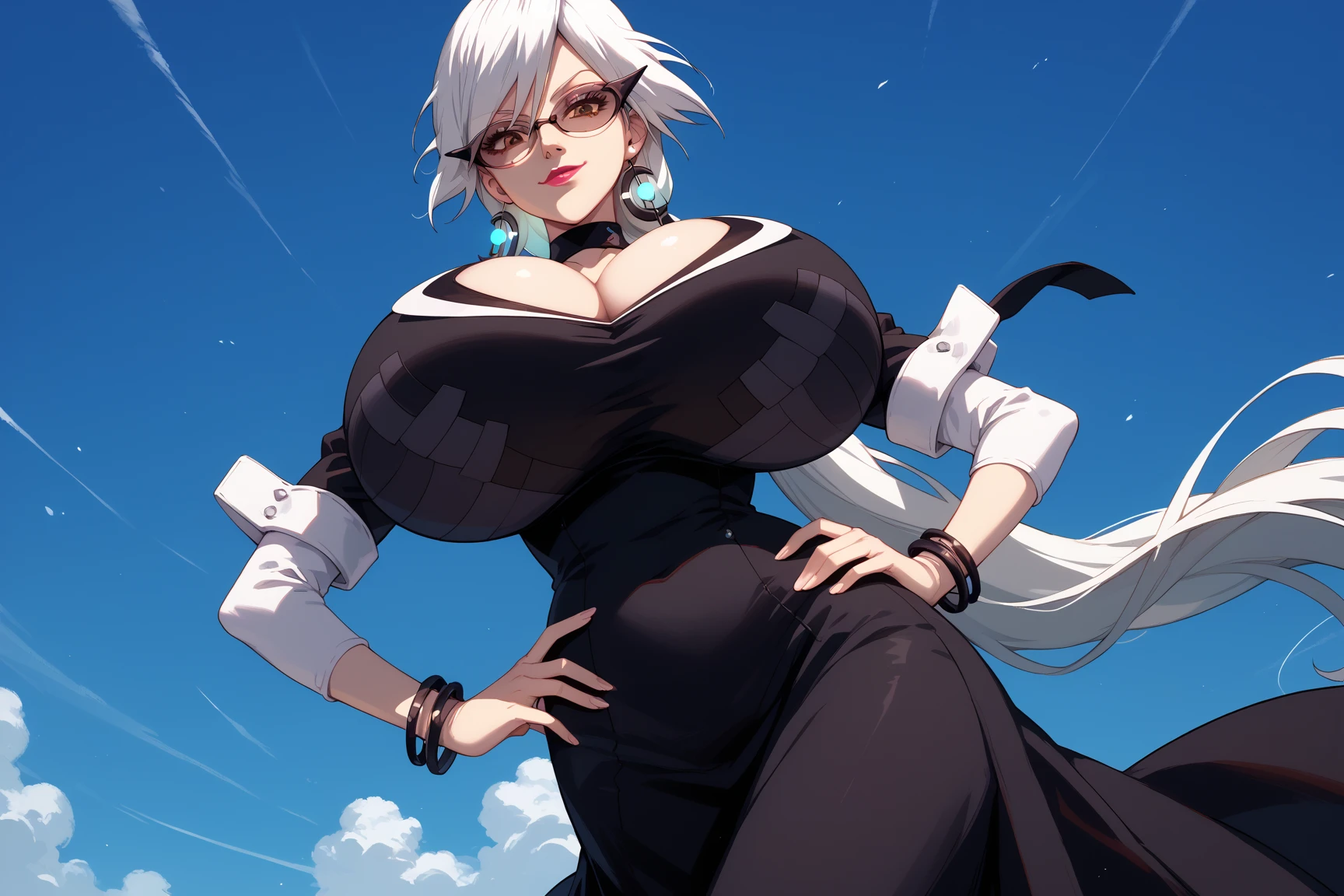 female, white long hair, red eyes, (((1girl))), (((black blouse))), (black choker), (white denim pants), (black belt), (black flats), huge breasts, huge butt, toned legs, gentle smile, full body, cleavage