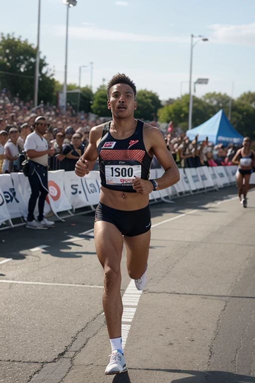 Um atleta negro suado e exaulto descansando, of a race in a large stadium with several runners behind him focused only on him ultra realistic
