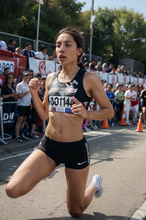woman in red and white running in a marathon, Tejeda, 30-year-old woman from peru