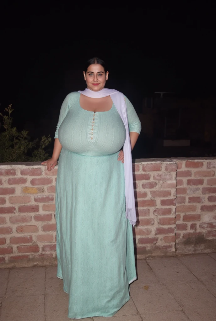 1girl, huge breast, black hair, green eyes,high quality, ultra detailed, masterpiece, realistic, gamis clothes,braid,standing, slightly fat arms , slightly fat belly 