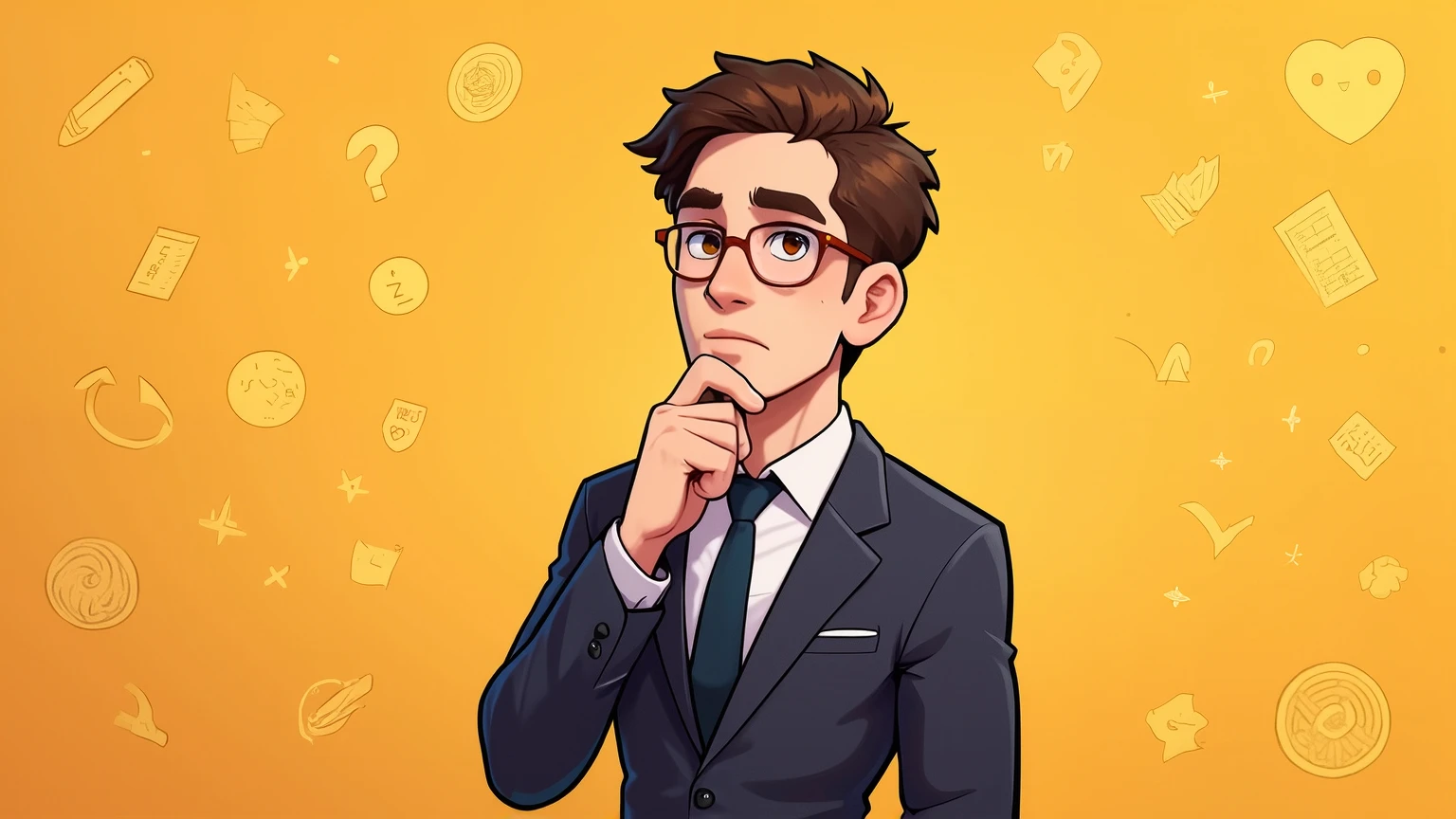 A flat digital illustration of a thoughtful male teacher standing against a warm yellow background filled with subtle educational icons like letters, question marks, books, pens, and speech bubbles. He has short dark brown hair, wears round glasses, and is dressed in a dark suit with a white shirt and a tie. His expression conveys curiosity and deep thought, with one hand resting on his chin. The overall mood is educational, professional, and intriguing — ideal for a language explainer video. No words, no titles, no visible text. Horizontal layout,