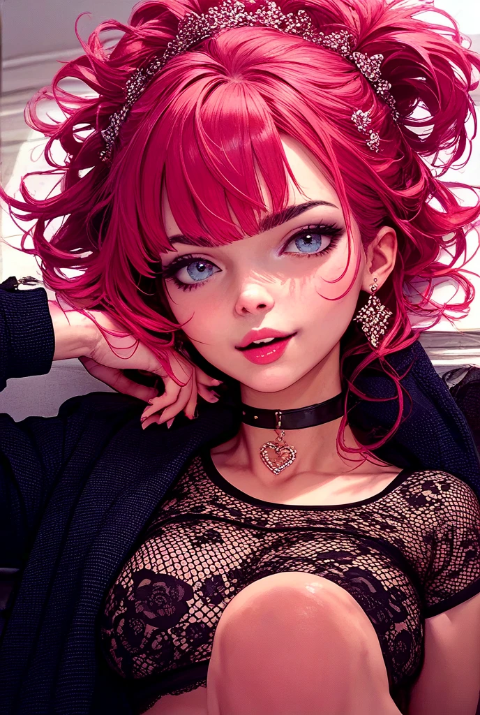 Red hair, ahoge, Curly hair, hair on one eye, bead necklace, black hair band, Moles under eyes, Heart-shaped pupils, Blush, disdain, Anime, Social realism, Cinematic lighting, Sparkle, hyper HD, Masterpiece, ccurate, Anatomically correct, Textured skin, Super detail, High details, High quality, Best quality, A high resolution, 8K