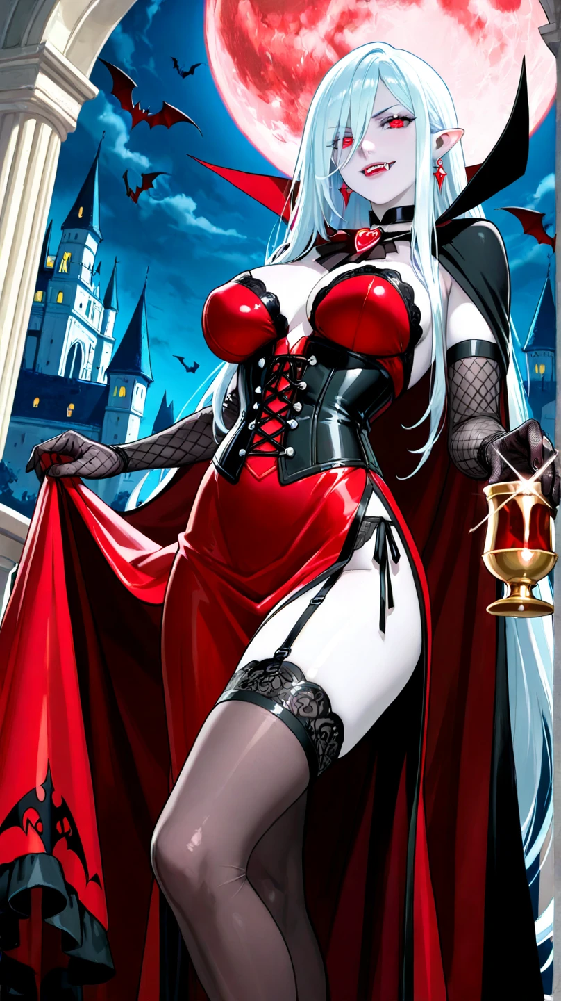 vampire queen submerged in pool of blood, cleavage, hourglass figure, black lipstick, straight white hair