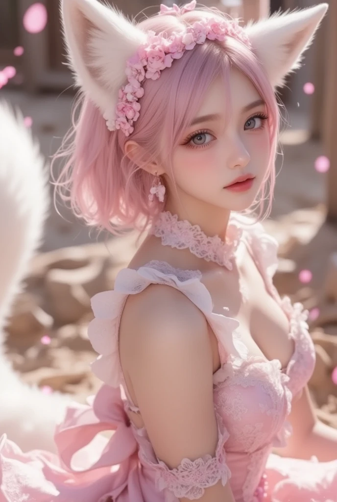 (Best Quality, 8K, Masterpiece, HDR, Soft Lighting, Picture Perfect, Realistic, Vivid), Nine tails of snow white fox(1.0), milk fox tail(1.0), nine tailed fox, anime girl with pink hair and pink, dressed in sexy leather suit, beautiful fantasy anime, very beautiful and cute fox girl, pink flower rain, background blur, anime fantasy, work in the style of Gouves, realistic:1.37, view from above, lies in pink flowers, horizontal view, (ultra high quality fantasy art), masterpiece, male model, ultra high quality female character designs, anime art with 8k development, realistic anime art, highest quality wallpaper illustrations, complex ultra high quality accurate female characters faces, high quality design and accurate physics (super-quality fantasy style)), art, dark fantasy)) Style), masterpieces, super-quality characters, anime resolution - 8K, realistic anime art, wallpapers with the highest quality illustrations, ultra-high detail of faces, high-quality design and physics accuracy), color, depth of field, shadows, ray tracing, production of high-quality computer wallpapers and 8K resolution, (Accurate simulation of the interaction of light and materials)], [High-quality detailed hair [More about beautiful and shiny red hair]], (Beautifully detailed hands [perfect fingers [Perfect nails]], (perfect anatomy (perfect proportions)))) [[Full length]], [Perfect color combination (Accurate imitation of the interaction of light and material)], [art that conveys the meaning of the story ]