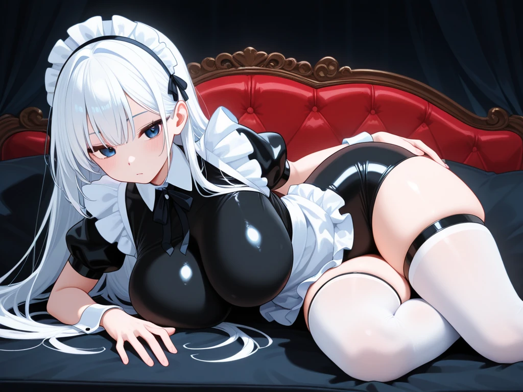 masterpiece, ultra detailed, 8k portrait, RAW photo, portrait photography, highly detailed face, beautiful and meticulous eyes, smile, dark blue hair, long hair, blue eyes, slender, white hair ribbon, (dark blue French maid costume:1.5), white tights, half boots, hands up, spread legs, (squatting over the other woman's face:1.5), by the old castle, in mid night, from below, (no panties:1.5), (realistic pussy:1.5), pubic hair, (peeing to the her face:1.5),