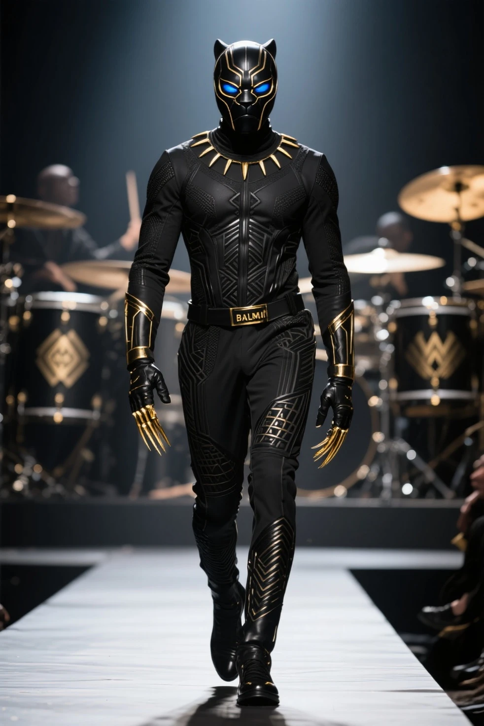Rock Black Panther marvel holding the microfon singing with a background of thunder and a very rock vibes.