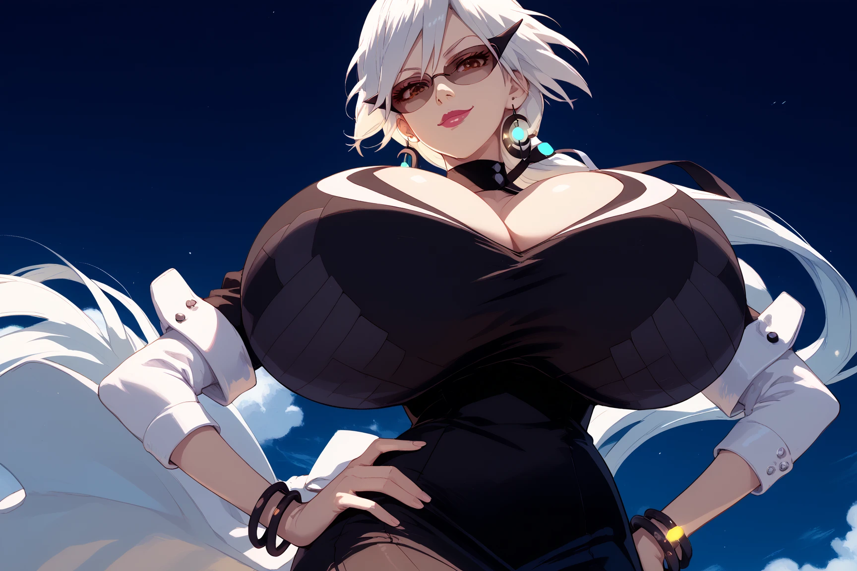 gigantic breasts,bursting breasts,cleavage cutout,cute smile,shy,one eye closed,cosplay as Mii giantess,walk around city ,masterpiece, best quality, 1girl, mii, blonde hair, short hair, blue eyes, earrings, necklace, dark skin, bikini, large breasts, cleavage, upper body, smile, sketch, looking at viewer, simple background, retro artstyle, 1980s \(style\), 1990s \(style\)