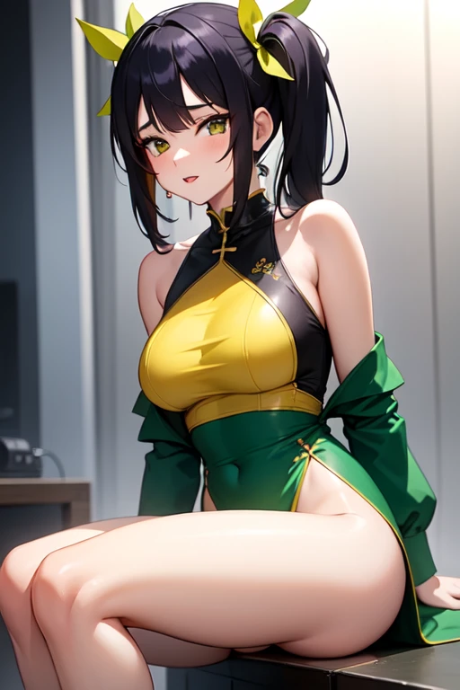 ((masterpiece,best qualtiy)), 1girl, solo, china dress, chinese clothes, dress, green hair, side slit, black dress, folded ponytail, green eyes, animal print, tao jun, temple interior background, sharp eyes, large breasts, 8k, full body, ambient lighting, arm thick thighs, detailed legs, flexible, (standing on one leg:1.2), (standing split:1.3), muscular, hand holding one leg up, nsfw, erected, (from below:1.2), showing panties, yellow panties, hdr, ofuda charms attached to the walls