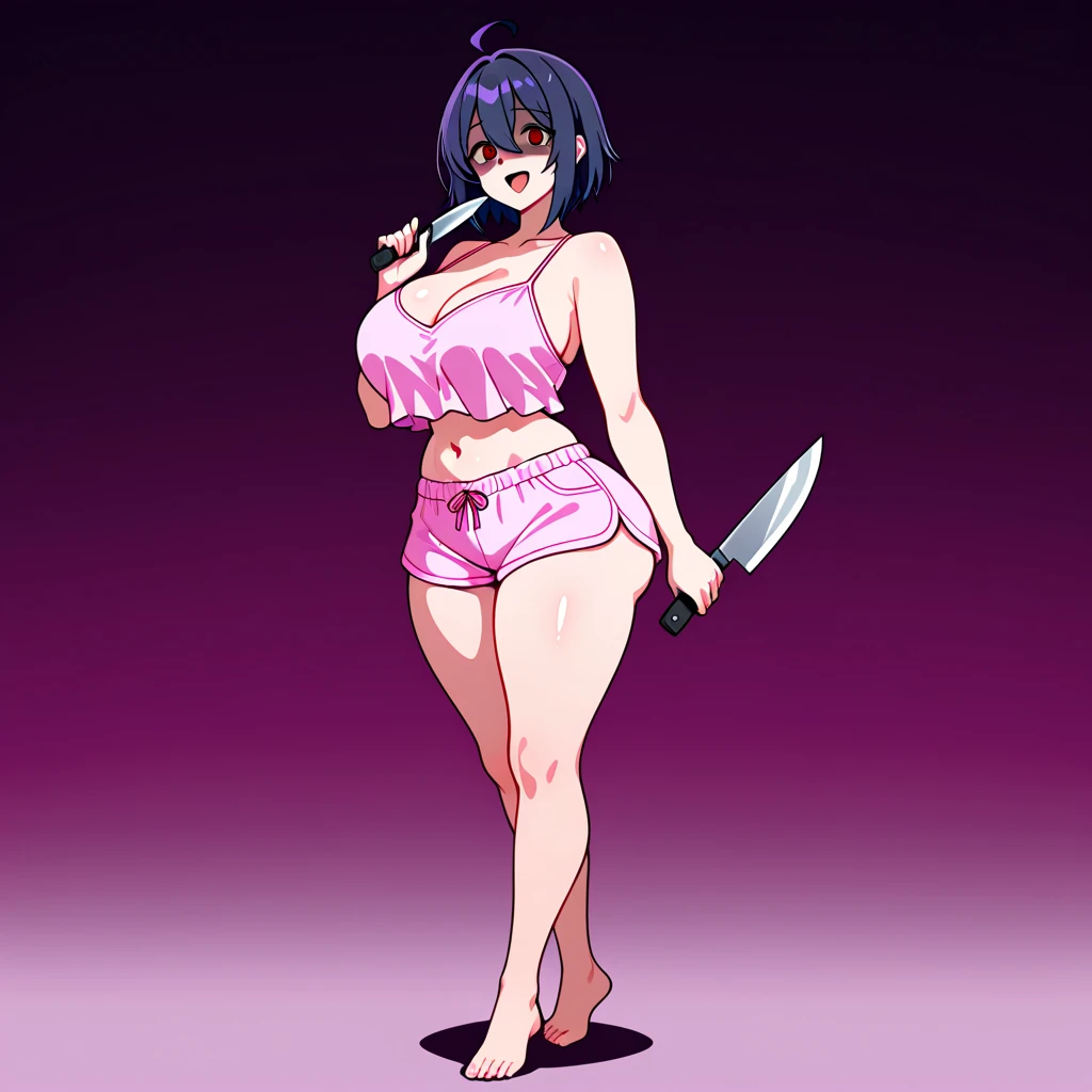 (High resolution, highest quality:1.2), (40yo:1.8), smiling, straight eyes, (pigeon toed:1), anime-style illustration of a milf with gigantic breasts, brown hair covering one eye, wearing a metallic bikini and platform boots. She is standing in a dark room filled with darkness. A devilish smile is on her face. In the background, there is some huge equipment that emits a mysterious light.
