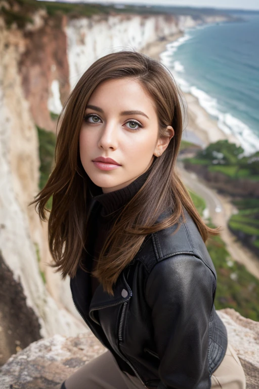 chrrblssm (Sharp focus: 1.2), photograph, young attractive woman (beautiful face: 1.1), detailed eyes, luscious lips (smoky eye makeup: 0.85), captivating (leather jacket: 1.2) on a cliff (changing lighting: 1.2), depth of field, bokeh, 4k, HDR. By James C. Christensen (or Jeremy Lipking: 1.1).

The composition is a close-up shot of a radiant young woman standing on the edge of a breathtaking cliff, her lean silhouette contrasting against the dramatic landscape. She