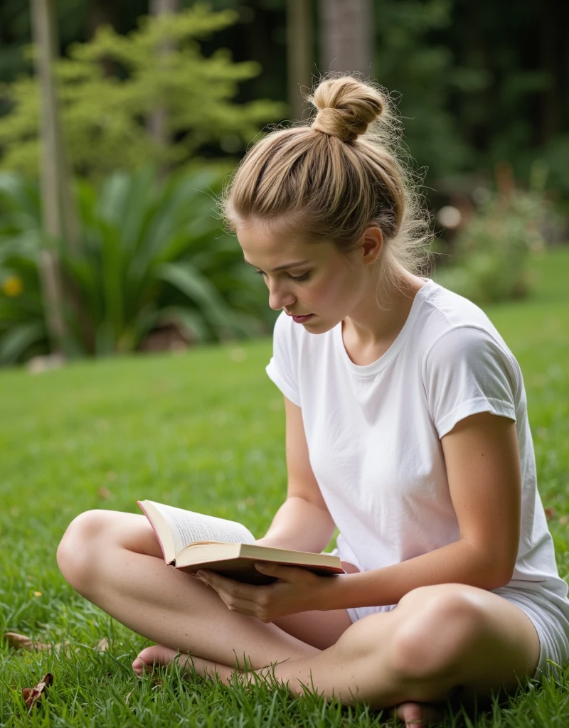 (Thin white American girl) sitting on park bench. She's wearing blue pants and white cotton tee shirt. It's untucked. She has very big legs and an ((ENORMOUS BUTT)). She's wearing white sneakers and loose white ankle socks. She's reading a book, and leaning forward. One elbow is resting on her knee. Her legs are crossed. She has a blonde ponytail. it is a warm autumn day with the leaves changing color. It's a cloudless blue sky. ((REALISTIC))