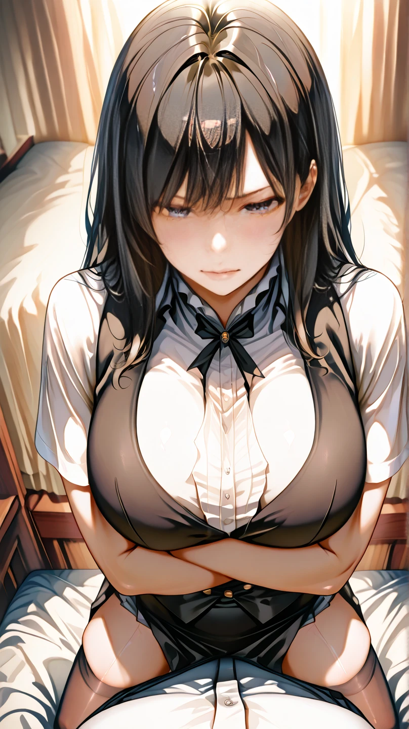 1girl, utaha kasumigaoka, black hair, white hairband, long hair, (red eyes:1.5), (blush:1.2), 
BREAK long sleeves, (white shirt:1.3), (open shirt:1.3), (black panty:1.3), (black bra:1.3), (Breasts sticking out of shirts:1.3), black underwear, (black pantyhose:1.2), Exposed skin, huge breasts, (cameltoe:1.1), (fold your arms behind your back), standing,
BREAK looking at viewer, (Cowboy Shot:1.5)
BREAK classroom, window, tree,
BREAK (masterpiece:1.2), best quality, high resolution, unity 8k wallpaper, (illustration:0.8), (beautiful detailed eyes:1.6), extremely detailed face, perfect lighting, extremely detailed CG, (perfect hands, perfect anatomy),