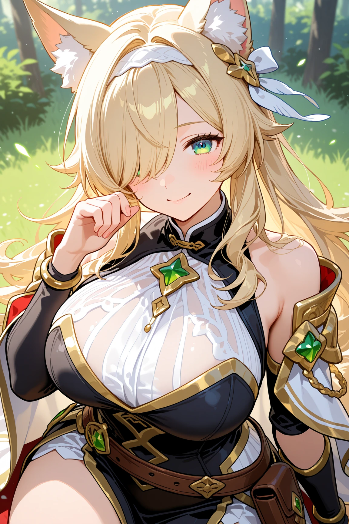 tits、smile, face palm、breasts close up, blonde ((((((hair over one eye)))))), Braid Styles, spiked hair, blunt bangs, bob hair, a braid, Ahoge red eyes, , From above, From the side, white bikini armor, off shoulder