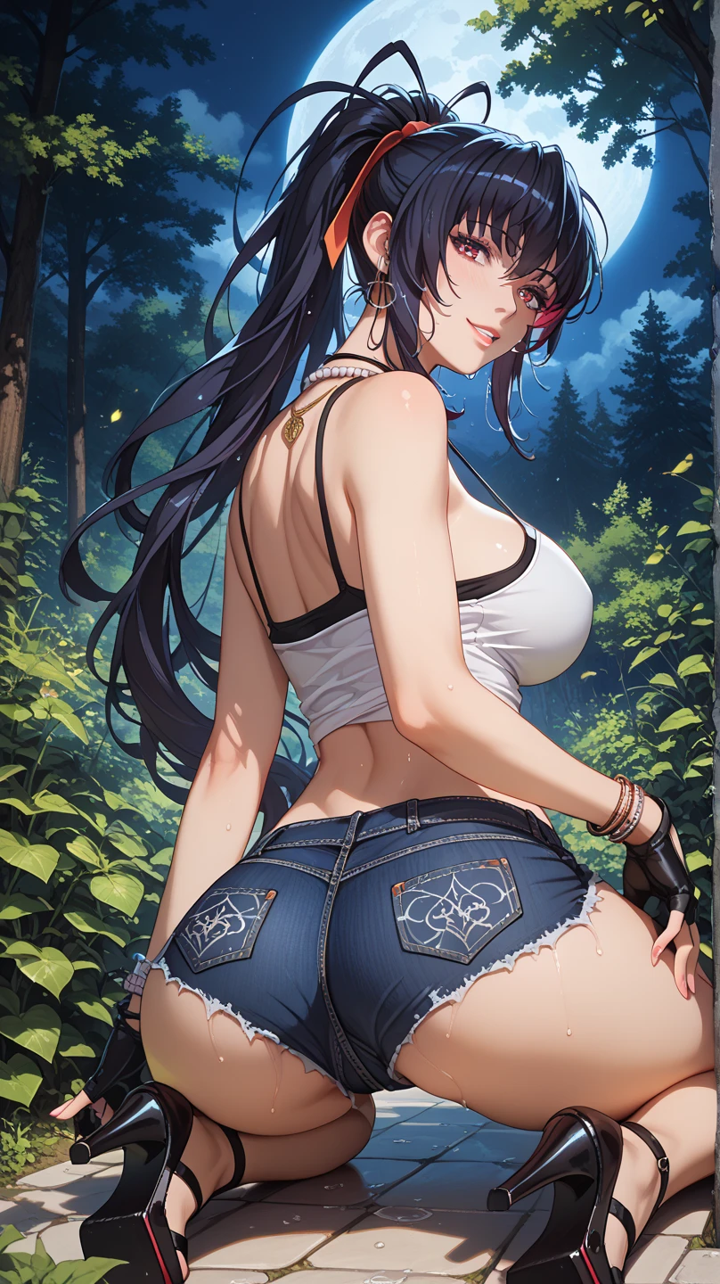 beautiful, (masterpiece:1.2), (best quality:1.2), perfect eyes, perfect face, perfect lighting, 1girl, ass, back, backboob, baseball cap, black panties, breasts, brown hair, crop top, cutoffs, denim, denim shorts, facing away, from behind, hat, highleg, highleg panties, long hair, median furrow, large breasts, micro shorts, panties, ponytail, short shorts, shorts, sideboob, simple background, solo, tank top, thighs, thong, underboob, underwear, field, grass, walkway, huge ass, wide hips, arms at side