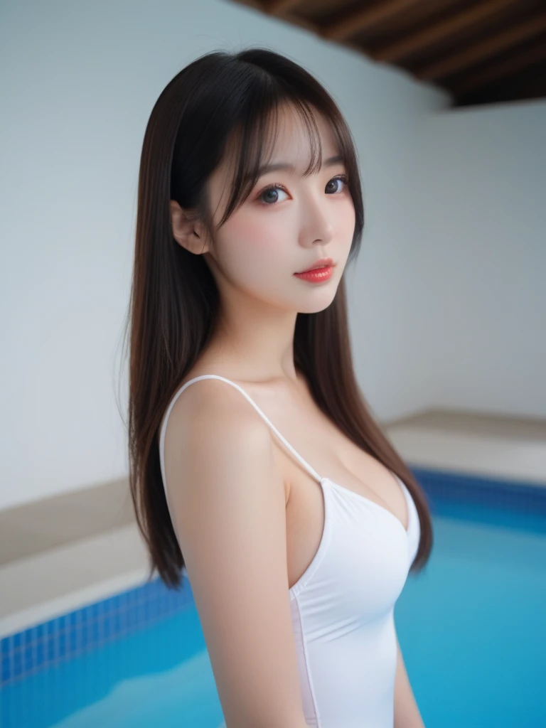 masutepiece, Best Quality, Illustration, Ultra-detailed, finely detail, hight resolution, 8K Wallpaper, Perfect dynamic composition, Beautiful detailed eyes, nsfw, cleavage, full body, black hair, ponytail, straight hair, Blunt Bangs, (Absurdly Long Hair:1.8), (Beautiful Voluminous breasts:1.5), real looking skin, Natural Color Lip, The best smile, 17 year old, Beautiful girl with voluptuous body, (bandeau:1.5), (pool side background), woman posing for a photo, earrings, pendant, bracelet