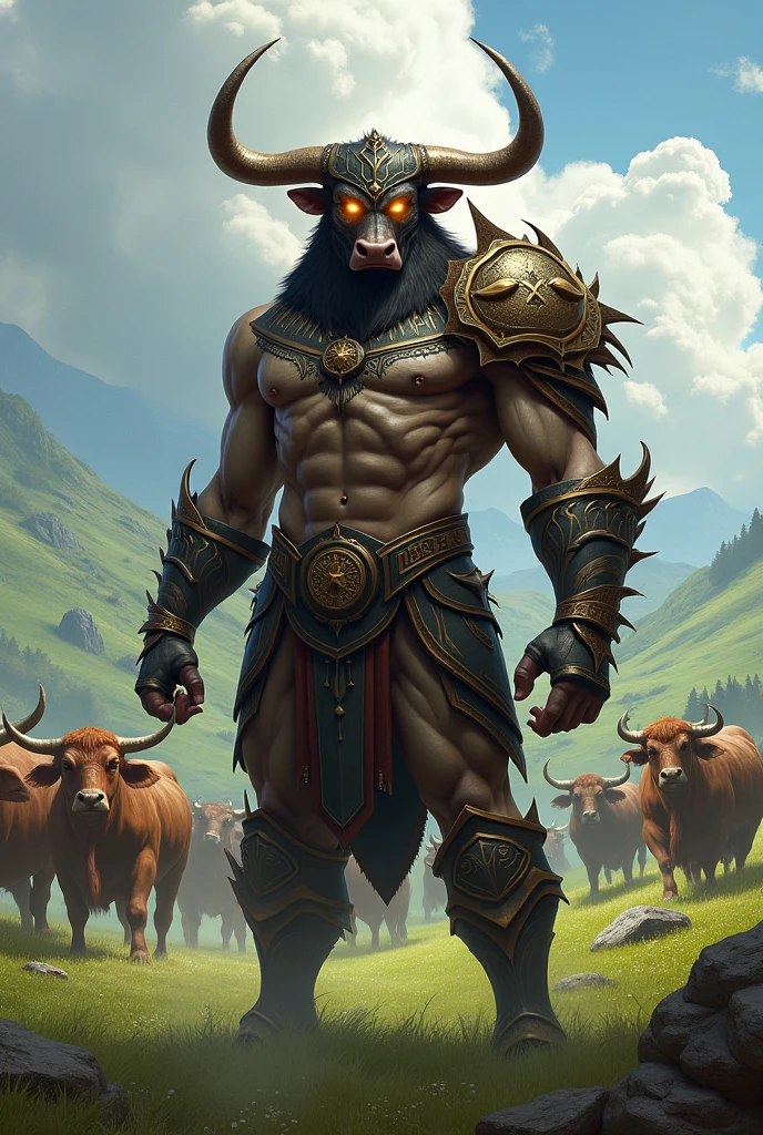 Male Minotaur，female tauren，beside a river，strong