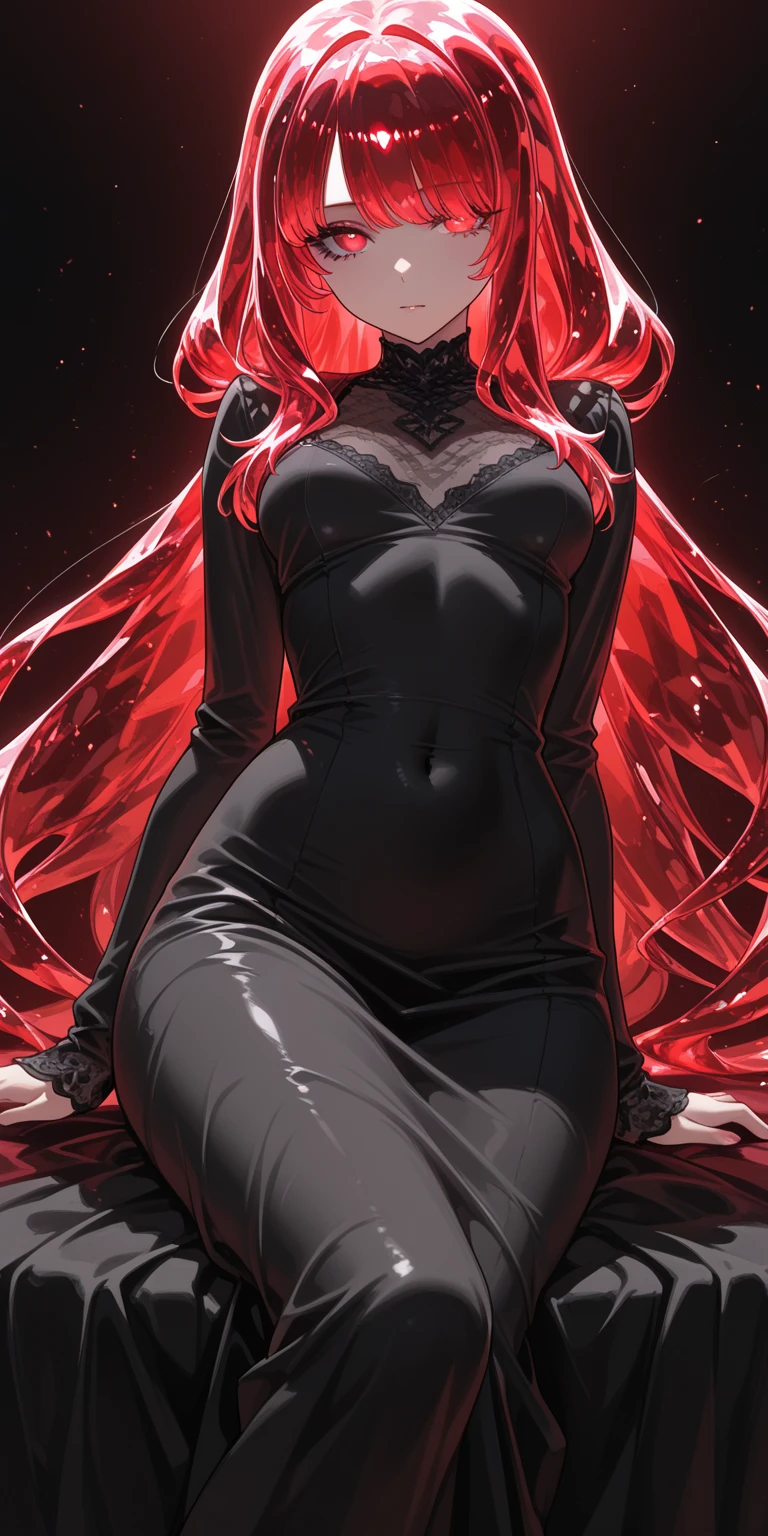 Masterpiece, very detailed, clear outline, drawing, ultra detailed, one, (1 woman), she is in a black simple dress with black accents and in an elegant position, super mature, tall, milf style, mature mother, super long hair, bright blood red hair, super red hair and straight sloppy bangs, red demonic horns, beautiful, charming, bright blood red reptile eyes, reptile eyes, super red eyes, bright eyes, elegant, large breasts (huge), neutral face, charming, bright background, valiant environment, against the background of snow, ice and icebergs.