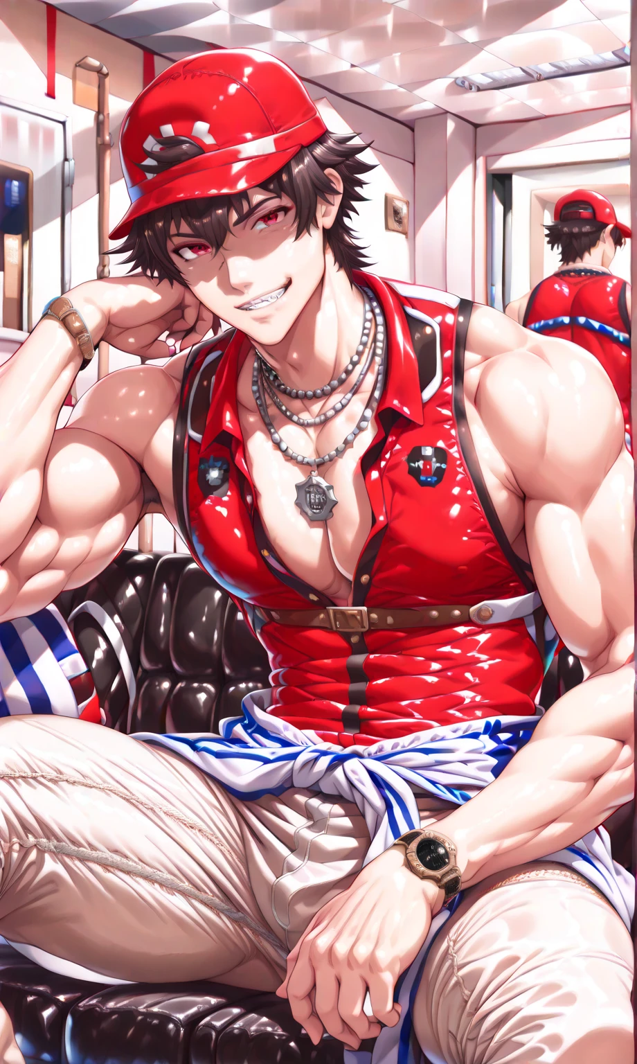 absurdres, highres, ultra detailed, HDR, master piece, best quality, Quincy, black hair, messy hair, expressive red eyes, Jujutsu Kaisen, solo, sexy man, handsome, horny, lewd, black hat, fantasy black pirate clothes, accessories, showing the chest, beach, sea, petals, flowers, Nu Carnival