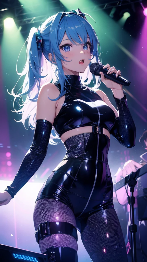 handsome older WOMAN，blue-eyes，blue pupils，Long blue hair，Hyperresolution，accuracy，Detailed rendering，（Subtle facial image）（Image of fine hair）（topquality）（Masterpieces of masters）（High degree of completeness）（A sense of atmosphere）tmasterpiece，Super detailed and super detailed（half-body portrait), long wavy blue hair, (((tHICK WAVY HAIR)))(((ANKLE LENGTH HAIR)))(((Blushing)))(((Huge breasts)))(((LARGER BREASTS))) large breasts, bigger breasts (((Bigger breasts))) (((Blushing))) (((Sakimichan))) (((blue hair))) (((black Rockstar outfit))) (((Leather black outfit))) (((Rockstar)))(((Fishnet tights)))(((cASUAL ROCK OUTFIT))) (((gRUNGE OUTFIT))) (((rOCK MAKEUP))) (((sINGING))) (((bLACK LEATHER OUTFIT))) (((bLACK EYELINER)))(((Fierce expression))) (((Focused))) (((Hair in a long ponytail))) (((Ponytail))) (((Sexy latex outfit)))(((Elf ears)))