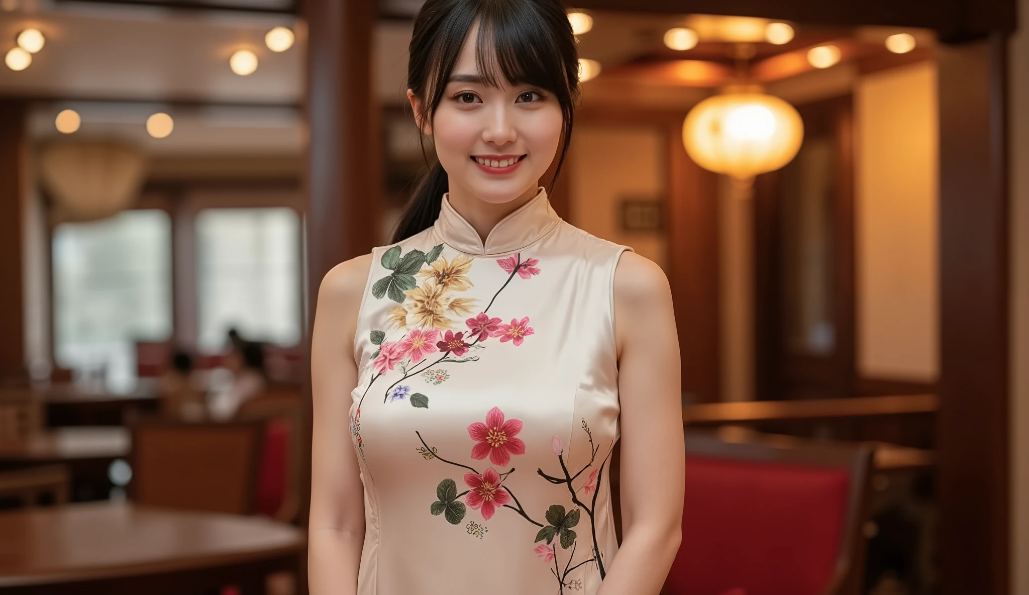 live-action，Super busty women， big woman ，  putting hands behind the waist   ， Mens Chest，Chinese Royal Palace   ， She's wearing a silk china dress ， Flower and bird pattern China dress  ，hot cheongsam， amazingly thin China dress   ，開いたMens Chestのある透明なチャイナドレスを着ています，  long slit that opens to the waist  ，  。silk cheongsam visible through side slits  ，   string shorts   ，  Beautiful Legs，    Exposed Thighs    ， ULTRA SLIM WAIST，   Cute Japanese  ，   the cutest face in the world   ，  long eyelashes，   BEAUTIFUL EYES ， eyeliner，high nose， Saggy Eyes ，   double eyelids  ，   BEAUTIFUL EYES ，  beautiful white skin with a realistic texture ，    natural lips and beautiful luster   ，   makeup， brown hair，  ponytail， China dress based on an accurate human body  ，  Perfect proportions ， masterpiece， Photoreal，  very detailed ，  Ultra high resolution ，   super fine，