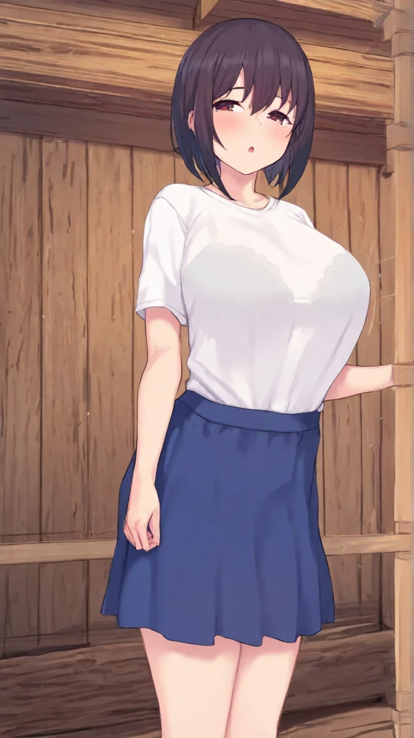 in a bathroom, 1girl, solo, looking at viewer, shameful expression, blush, happy, blushful, short hair, parted bangs, huge breasts, black shirt outside white shirt inside, loose shirt, pantyhose, black hair, collarbone, blue skirt, standing, sweatdrop, detailed black eyes, black shirt, opened mouth, curvy, sexy, official art, extremely detailed CG unity 8k wallpaper, Colorful, (masterpiece:1.0), (best_quality:1.0), ultra high res, 4K, ultra-detailed,